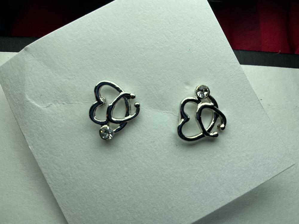 Silver-Tone Heart Rhinestone Stud Earrings Pair New